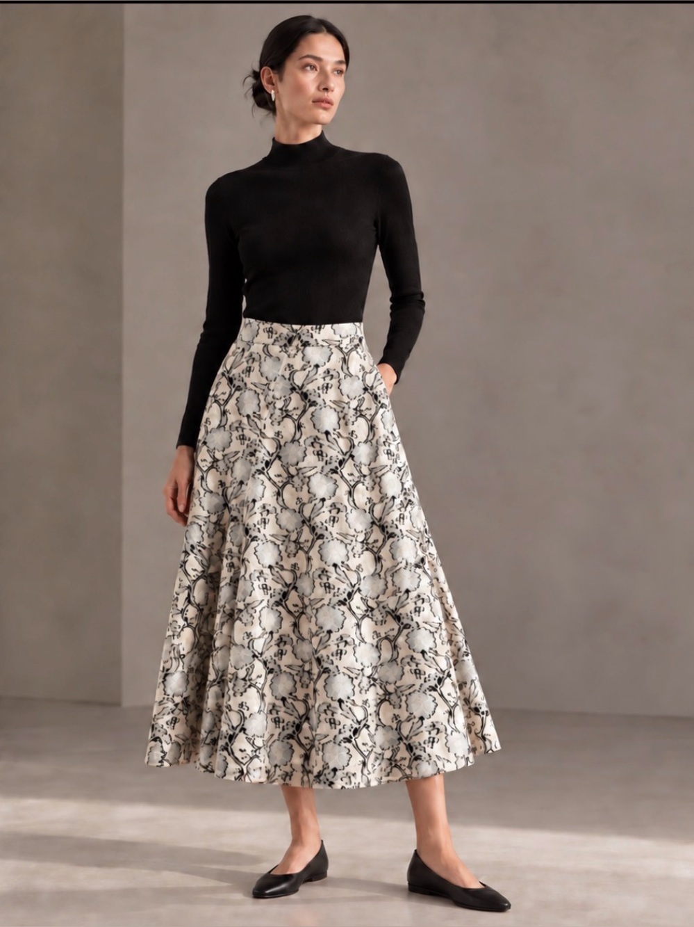 Jil Sander Flower Field Embroidered A-Line Midi Skirt German 32 US 2 Ivory Black